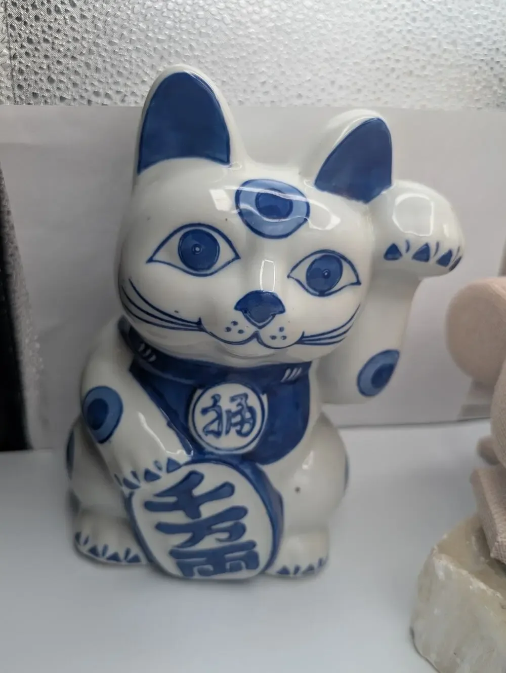 Maneki-Neko Lucky Cat Piggy Bank Blue White Ceramic Porcelain Japanese Fortune